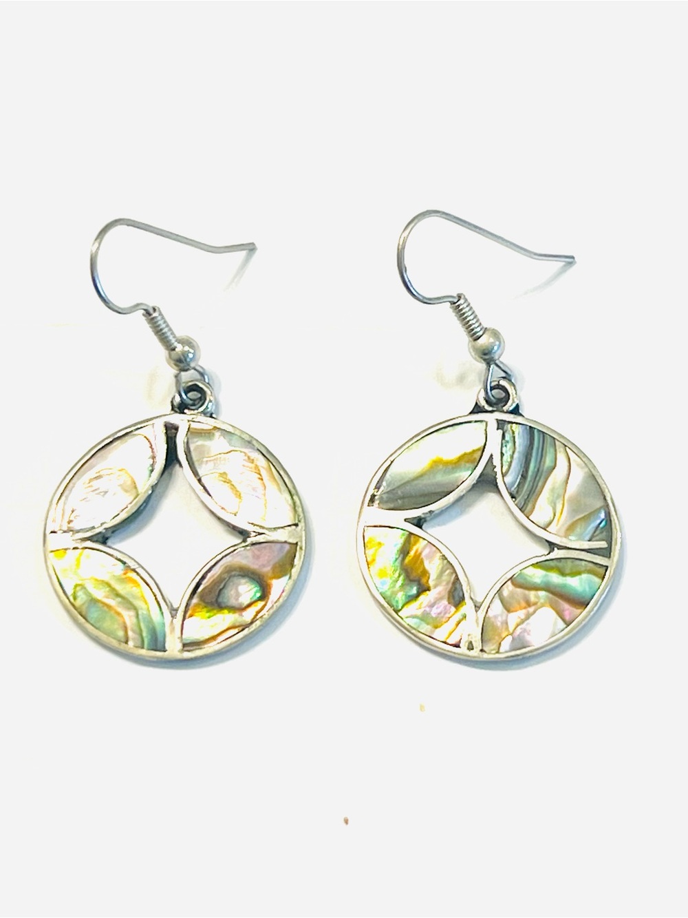 Iridescent Abalone Shell Round Drop Earrings in Sterling-Tone